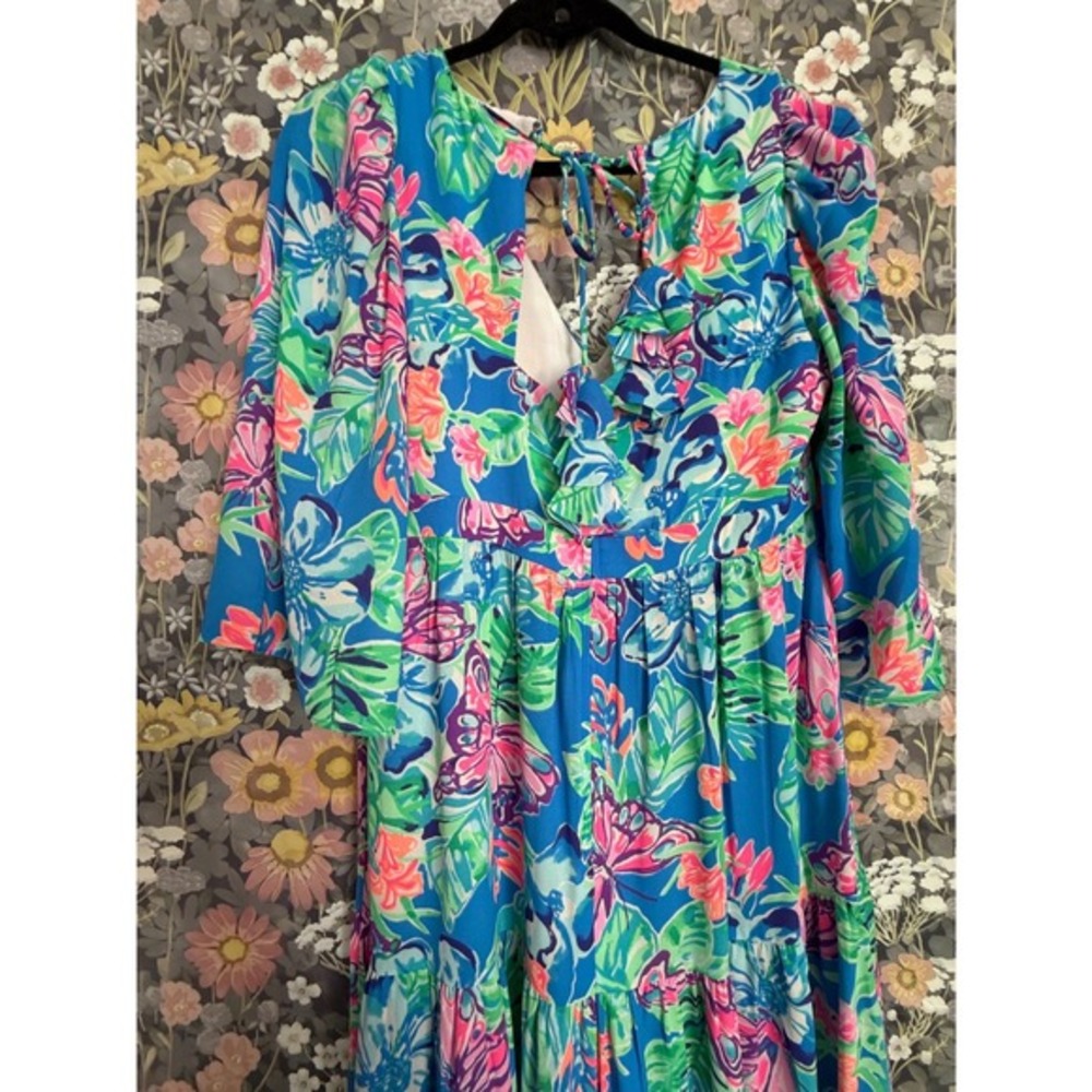 Lilly Pulitzer Rease Maxi Dress Butterfly Floral Print V‎ Neck Tie Back Size 8 - Picture 9 of 12